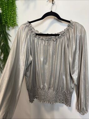 JohnPaulRichard Shimmery Silver Off-Shoulder Blouse